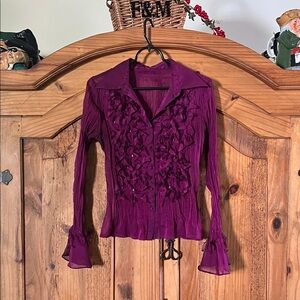 Bay Studio Career Womens Burgundy Fringe Pleated Long Sleeve Button Down Shirt S